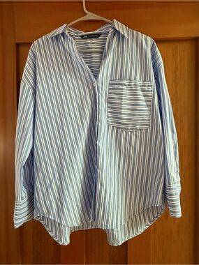 Zara Light Blue & White Striped Top Xs